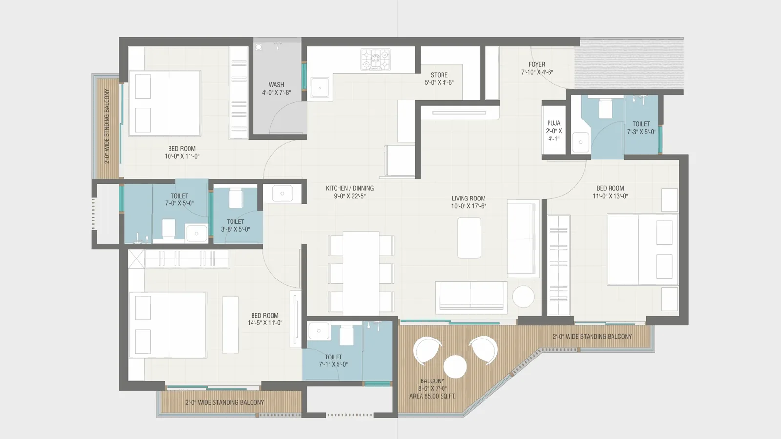 Type A unit plan showing an attached bathroom on every bedroom plus a guest powder toilet — Vasantara Skies 3 BHK