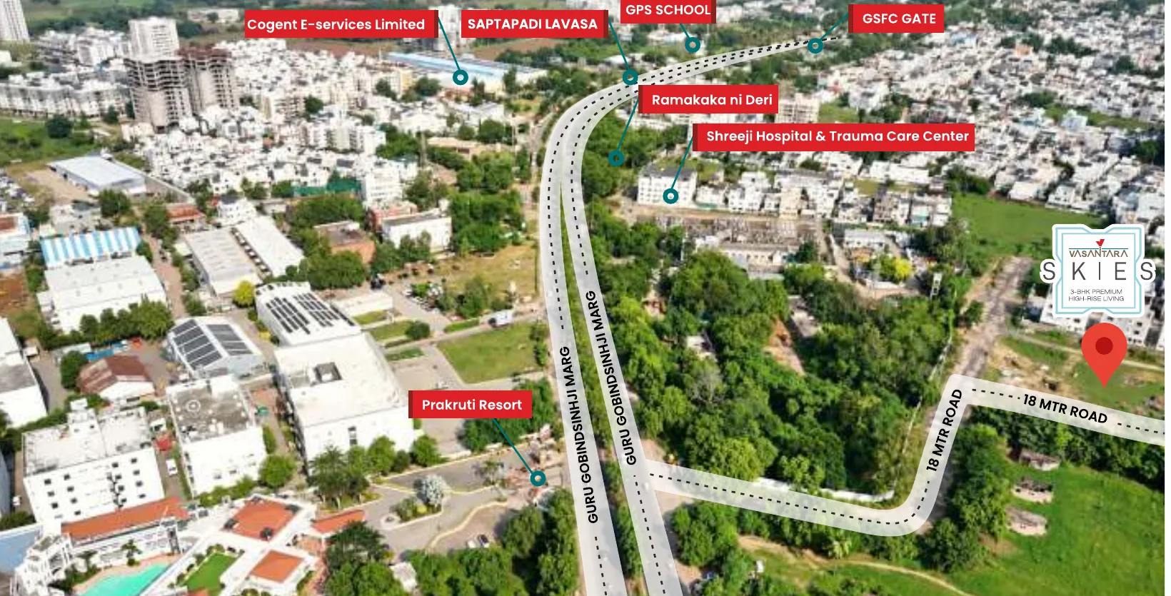 Location map of Vasantara Skies in Chhani, Vadodara with the 18 m road, Ramakaka ni Deri, Shreeji Hospital, BPS School and Prakruti Resort marked