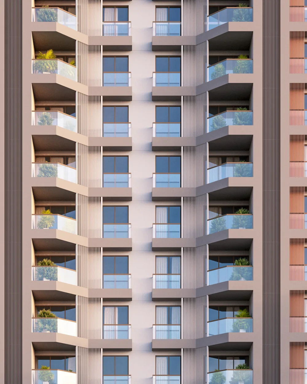 The 85 sq.ft. sit-out balconies with planters and glass railings, lit at dusk — Vasantara Skies render
