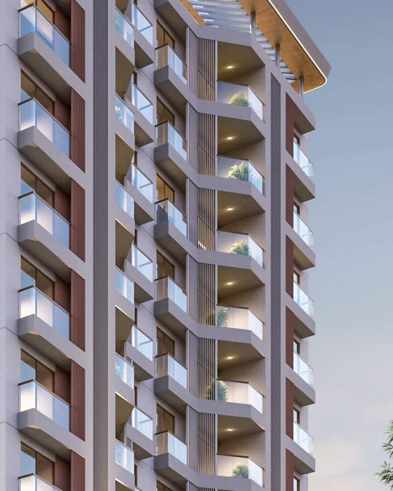 The 2 ft standing balconies on the bedroom facade, glass-railed and sunlit — Vasantara Skies render