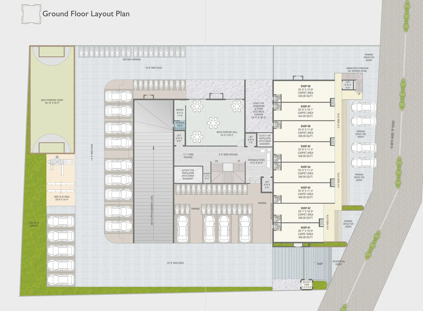 Ground floor layout plan of Vasantara Skies showing entrance foyer, multipurpose hall, shops, visitor parking, play area and court