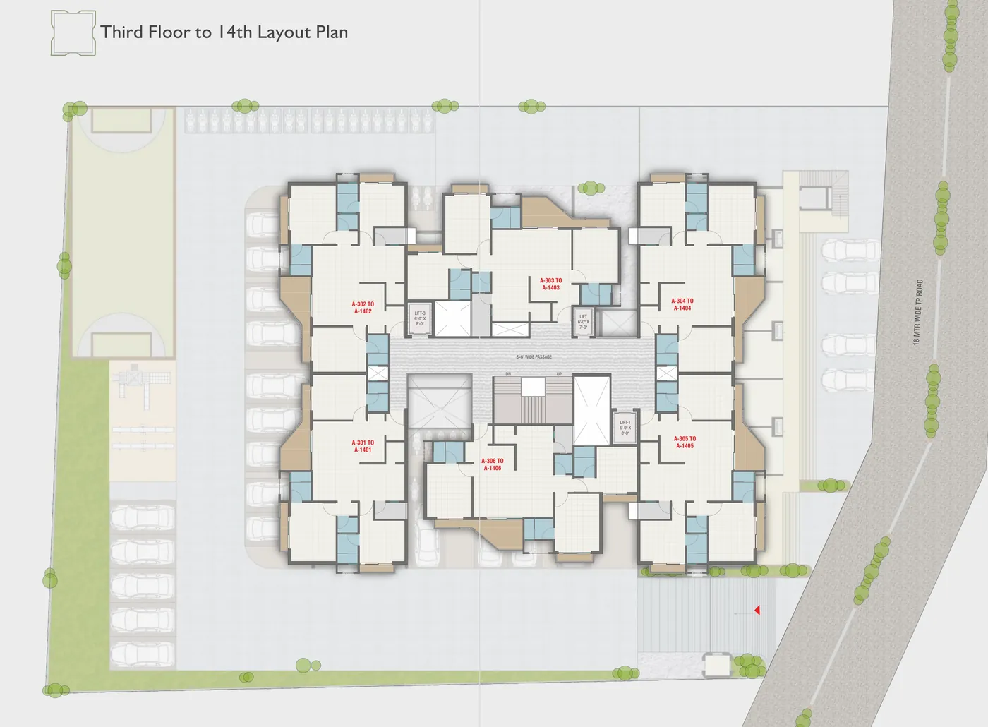 Typical floor layout plan, third to fourteenth floor, six 3 BHK homes per floor at Vasantara Skies