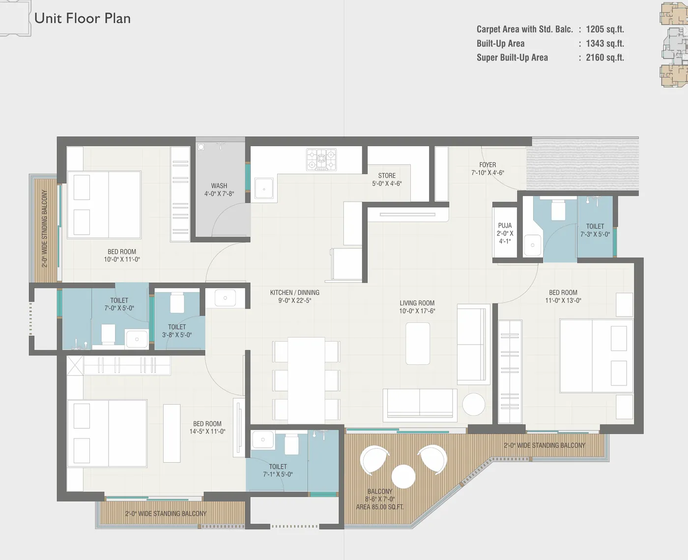 Type A 3 BHK unit floor plan at Vasantara Skies — 1,205 sq.ft. carpet, three attached bathrooms, 85 sq.ft. sit-out