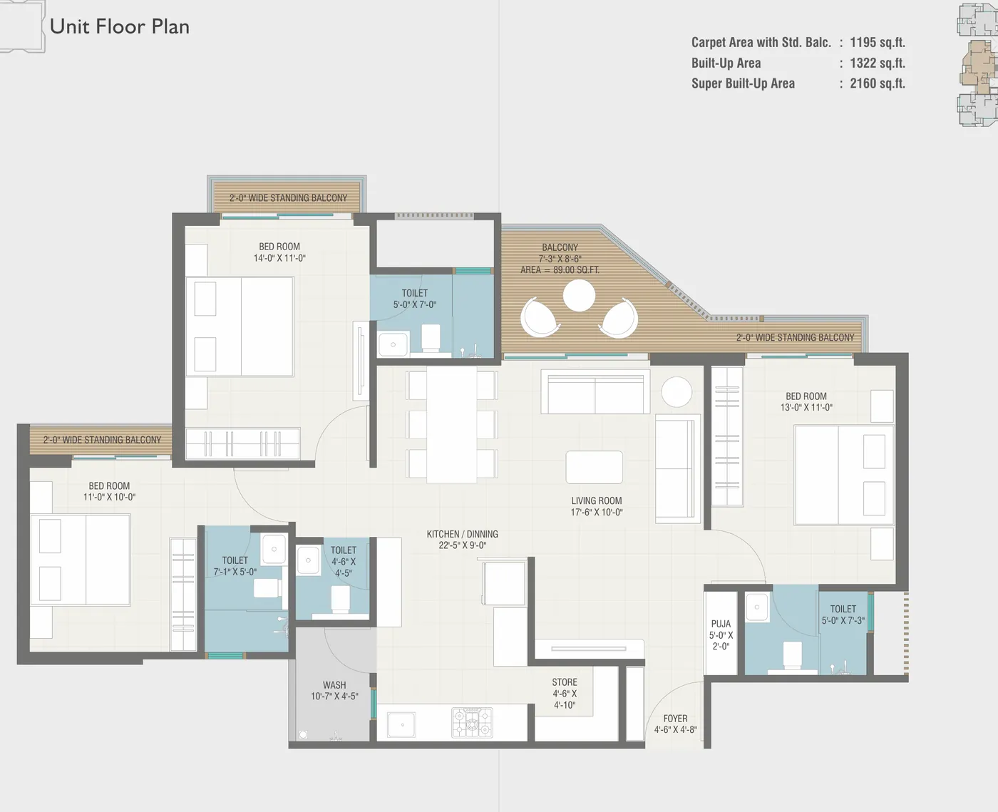 Type B 3 BHK unit floor plan at Vasantara Skies, Chhani — 1,195 sq.ft. carpet, 1,322 sq.ft. built-up, from the approved plans