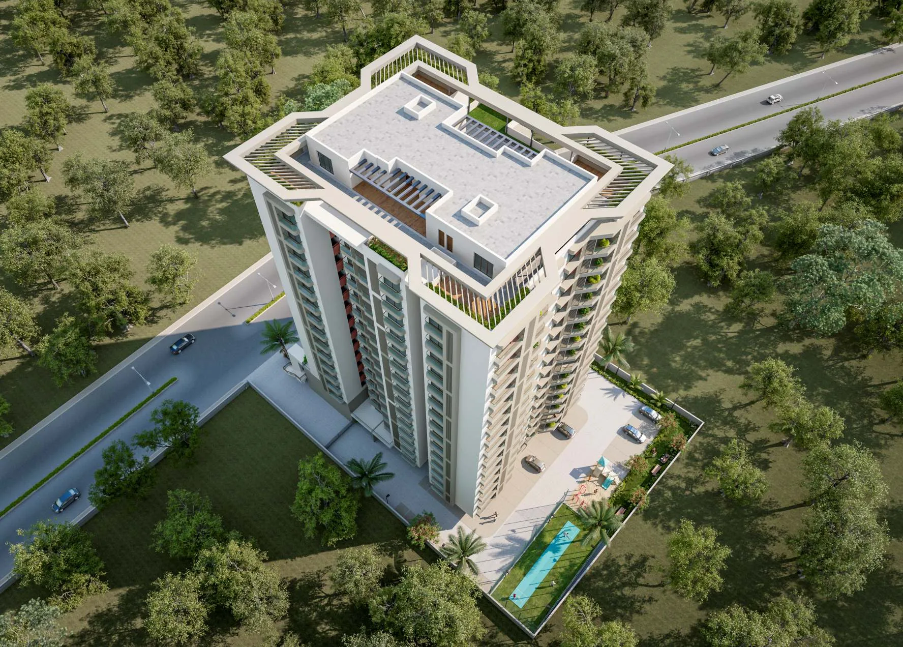 Aerial view of Vasantara Skies — the terrace roof that carries the common-area solar and the landscaped ground that takes the rainwater