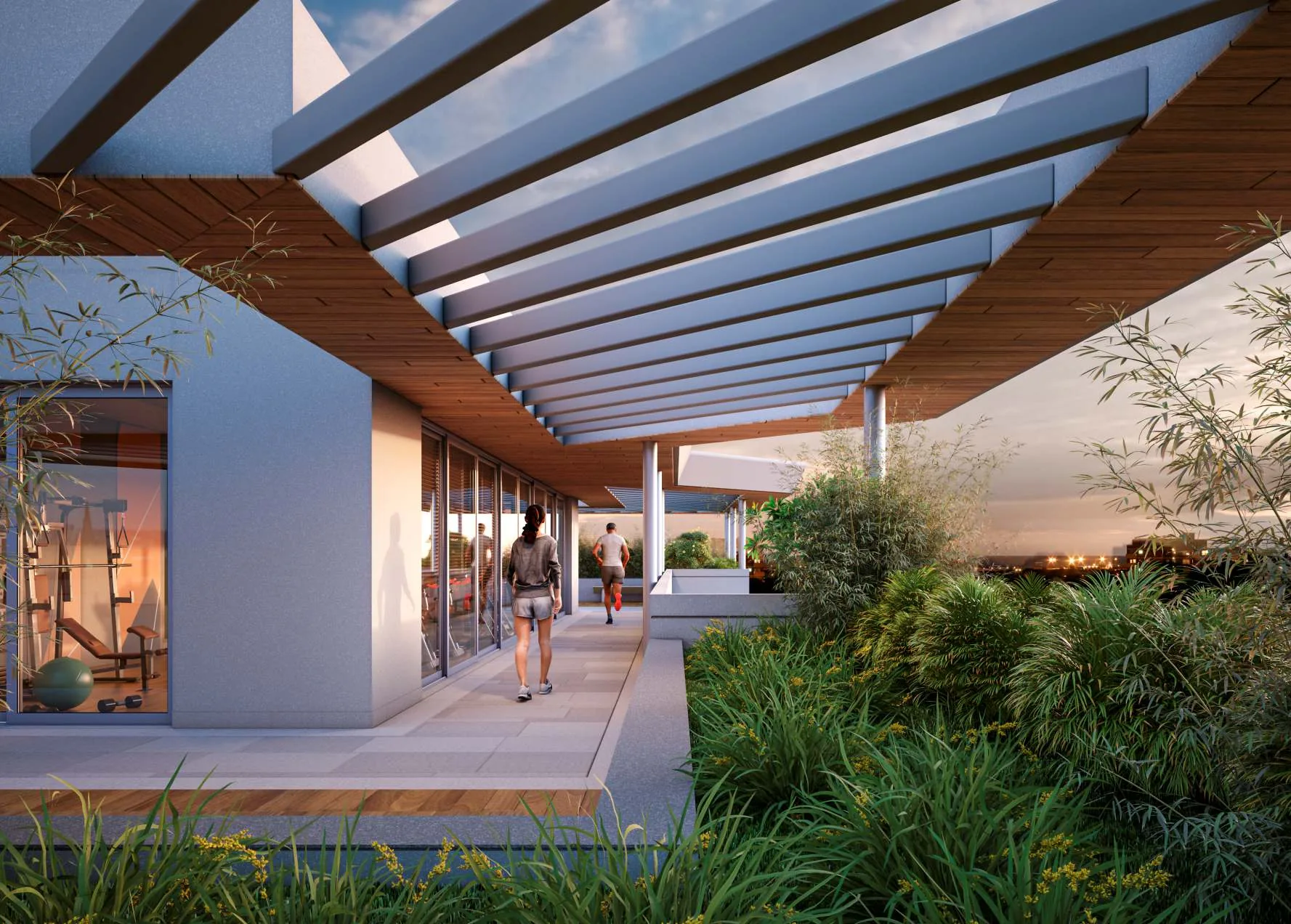 Terrace amenity deck at Vasantara Skies — covered walkway, walking track and air-conditioned gym